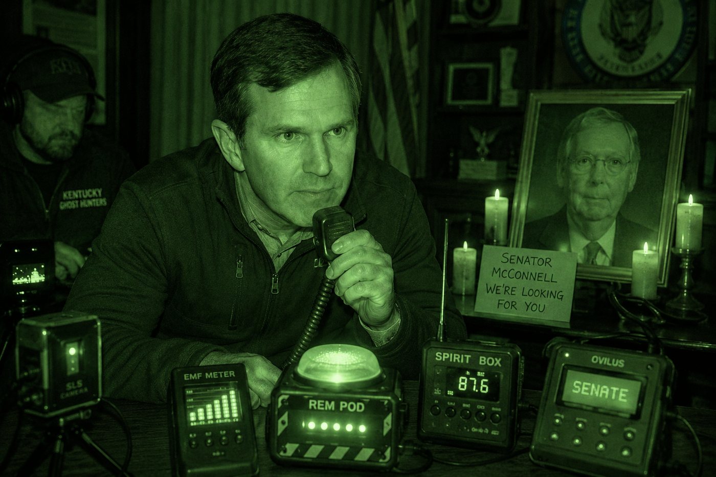 Governor Andy Beshear speaking into a CB radio microphone surrounded by ghost-hunting equipment, night-vision green filter